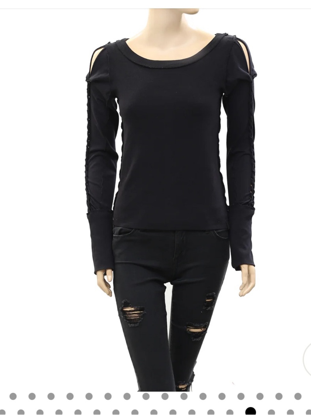 We The Free Black Cold-Shoulder Long Sleeve Top with Lace-Up Sleeves